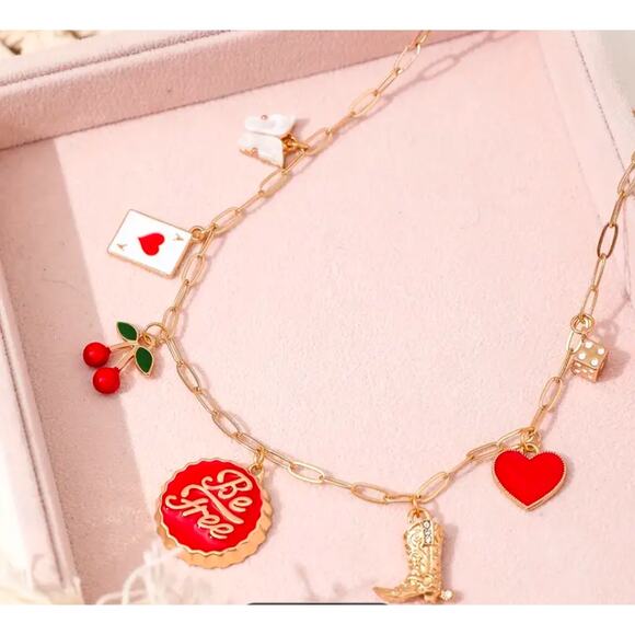 Be Free Charm Necklace Red Enamel Charms Gold Wide Link Chain NWT Cottage - Picture 3 of 6